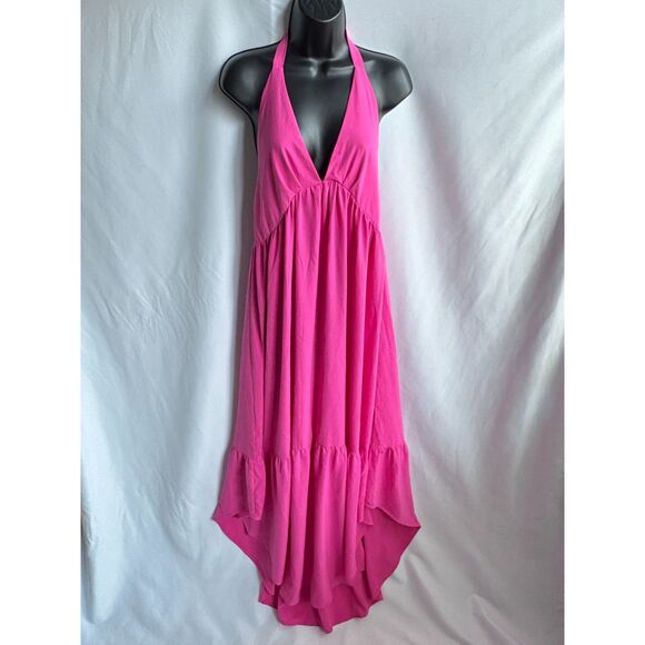 Maxi Magenta Hot Pink Halter Neck Dress Size M Barbiecore Feminine Open Back - Picture 1 of 10